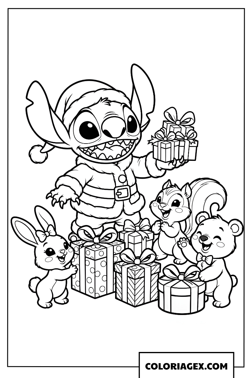 Coloriage de Stitch et ses petits amis avec des cadeaux de Noël