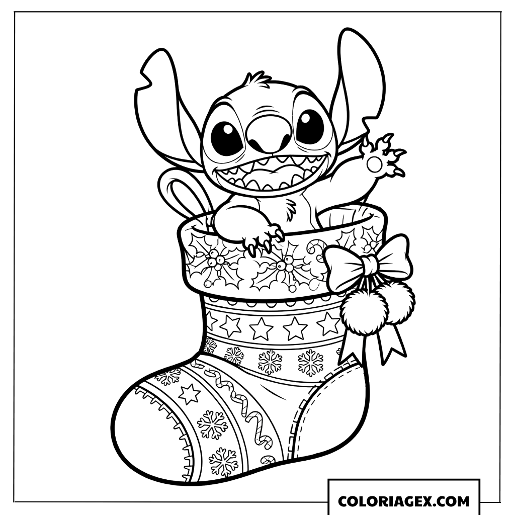 Coloriage de Stitch sortant d'une chaussette à nœud