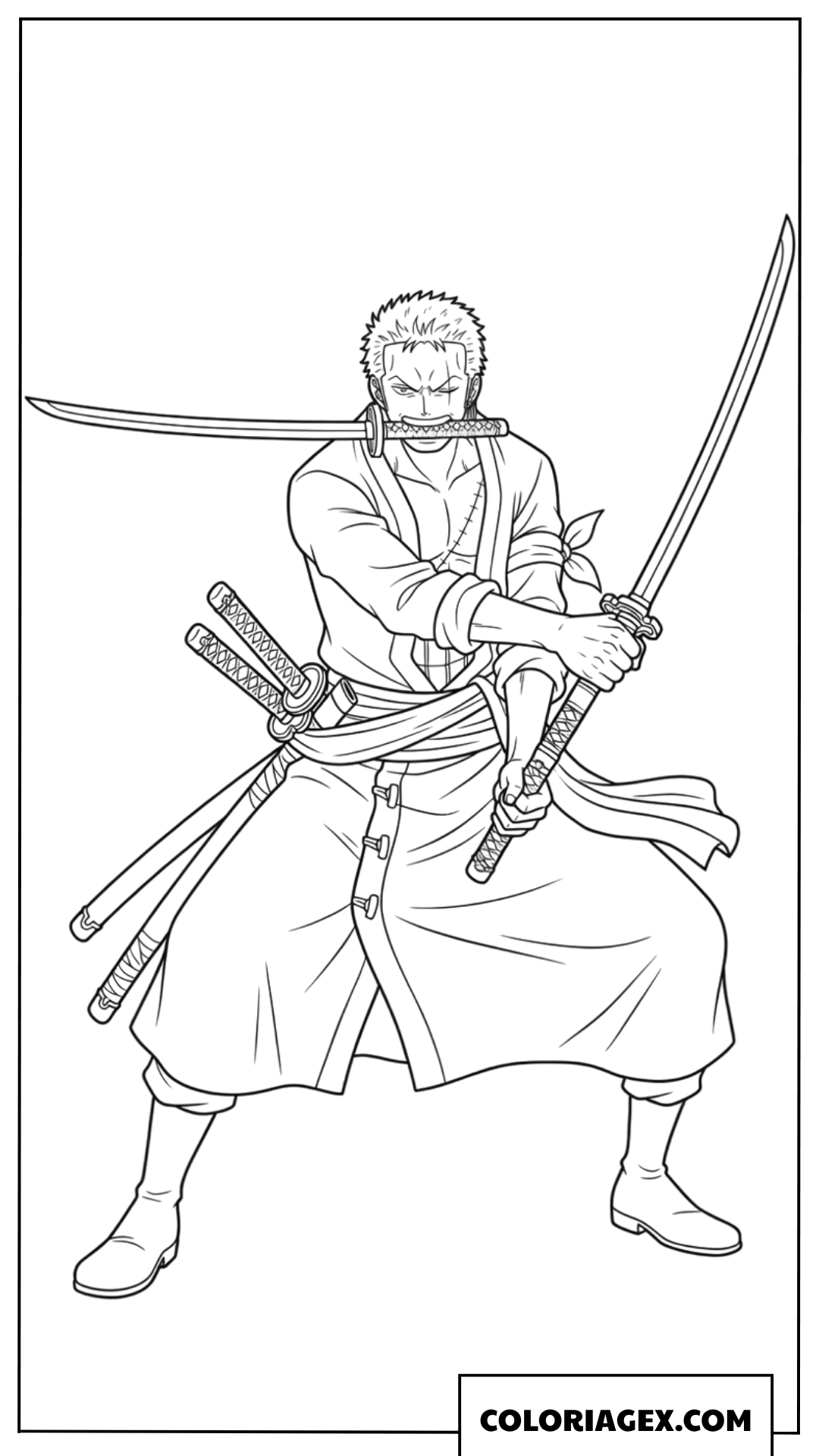 Coloriage de Zoro le bretteur a trois sabres en posture de combat