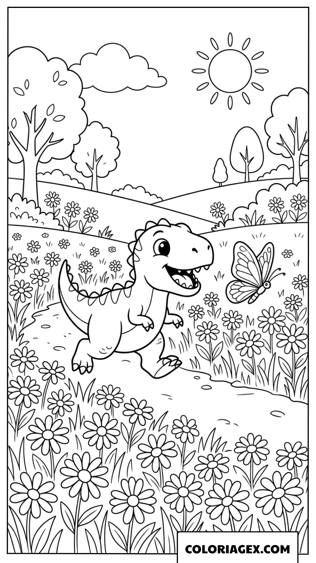 Coloriage de bebe T-Rex courant apres un papillon dans les fleurs