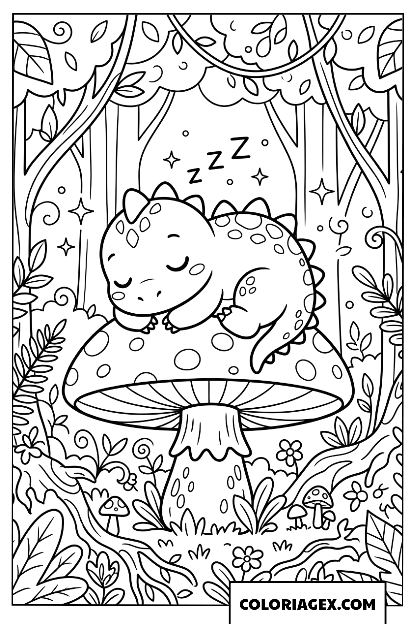 Coloriage de bebe dinosaure mignon dormant sur un grand champignon