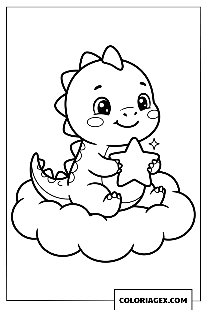 Coloriage de bebe dinosaure mignon sur un nuage avec une etoile