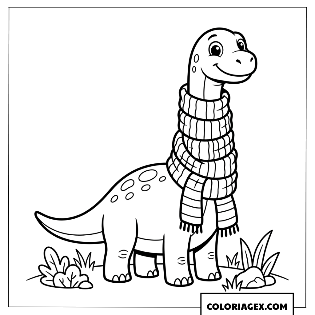 Coloriage de bebe diplodocus rigolo avec une longue echarpe rayee