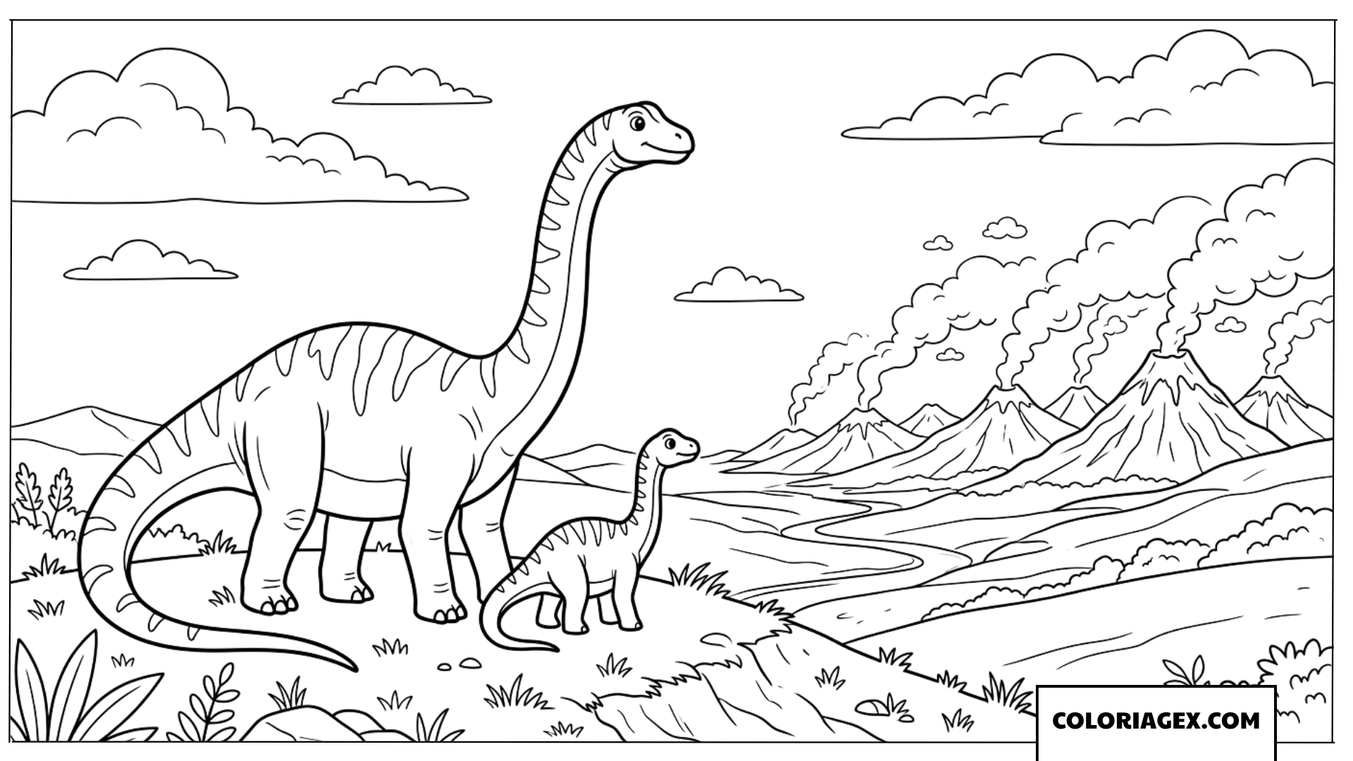 Coloriage de deux Diplodocus sur la colline et volcans