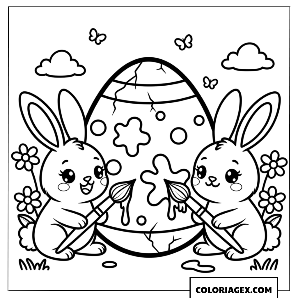 Coloriage de deux lapins décorant un œuf géant