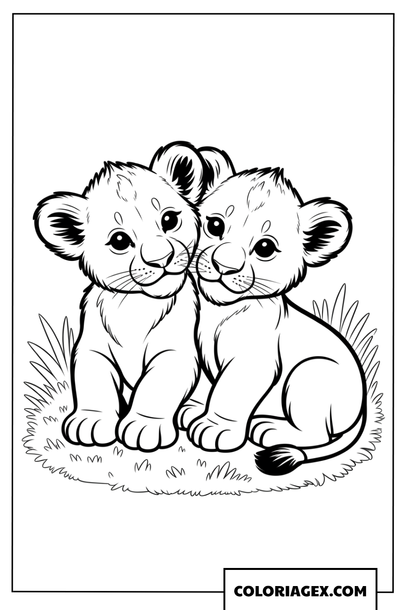 Coloriage de deux mignons lionceaux assis cote a cote sur l herbe