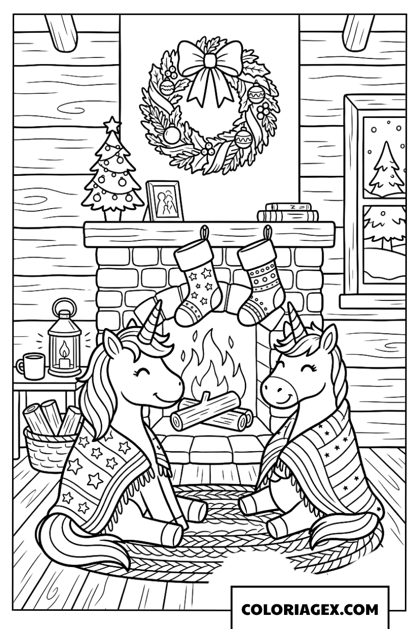 Coloriage de deux petites licornes se chauffant près du feu de Noël