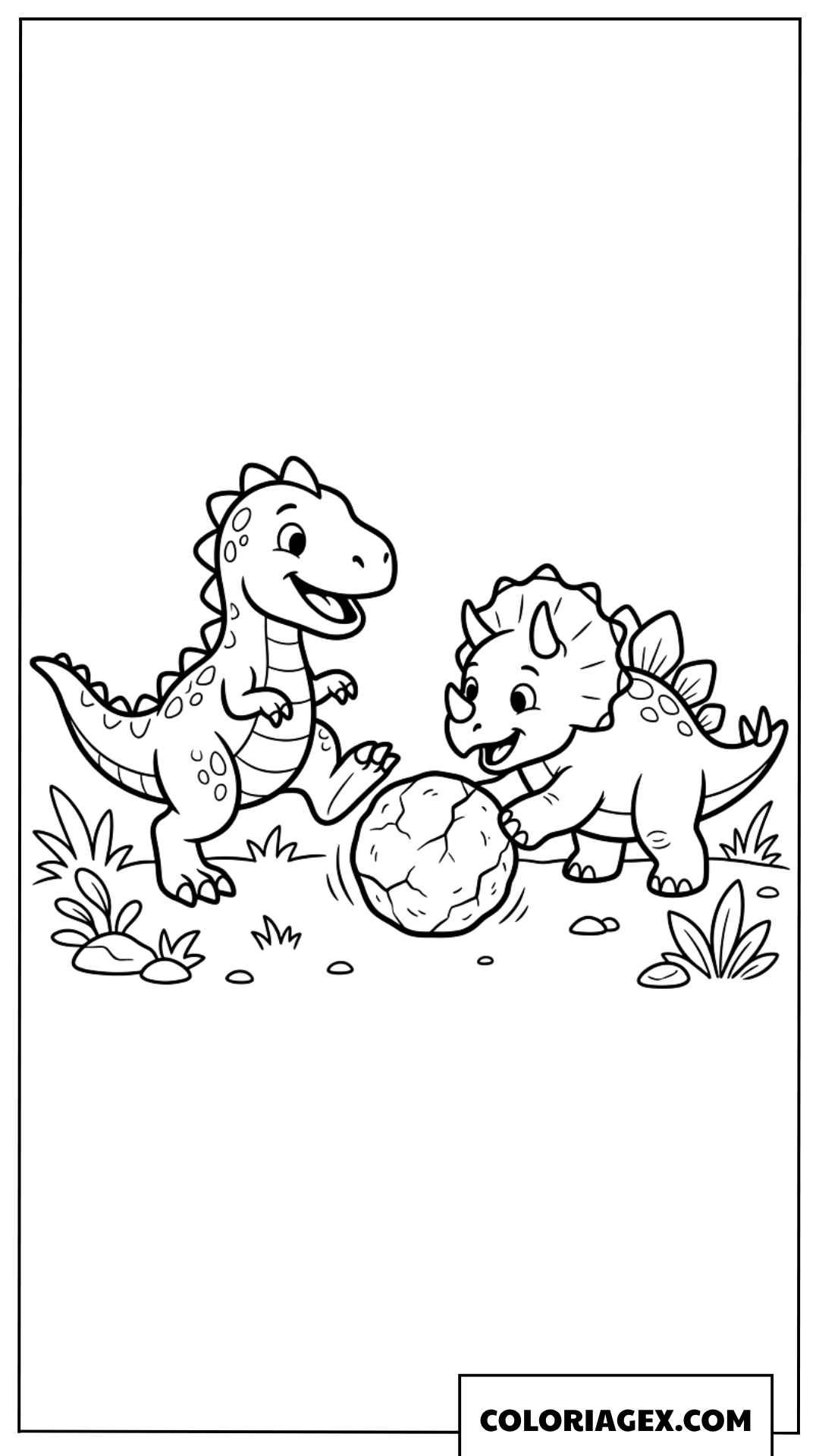 Coloriage de deux petits dinosaures jouant avec un ballon en pierre