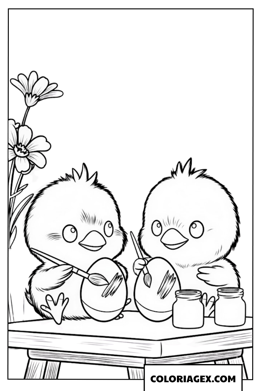 Coloriage de deux poussins décorant des œufs