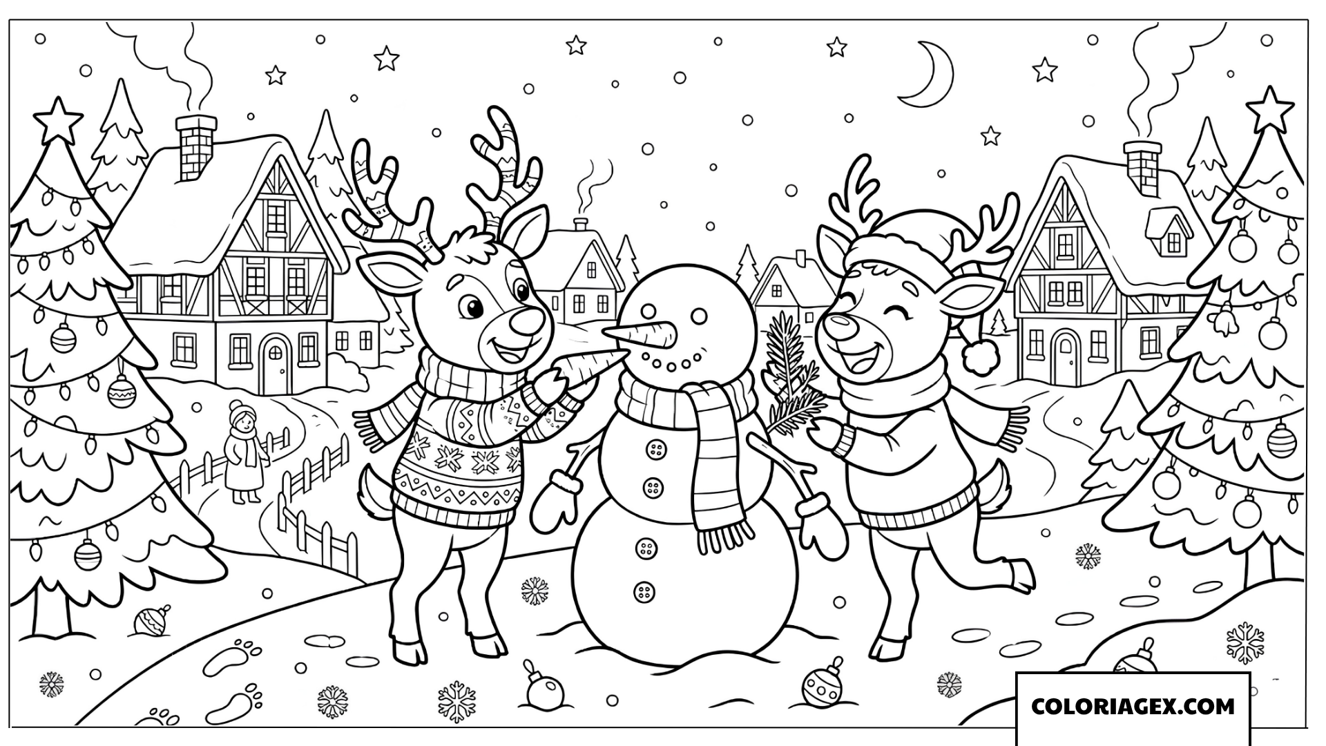 Coloriage de deux rennes construisant un bonhomme de neige au village de Noël