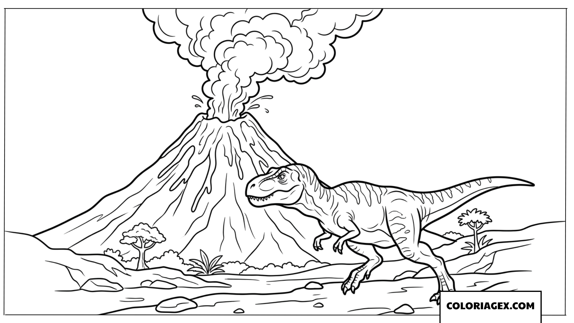 Coloriage de dinosaure T Rex devant un volcan en eruption spectaculaire