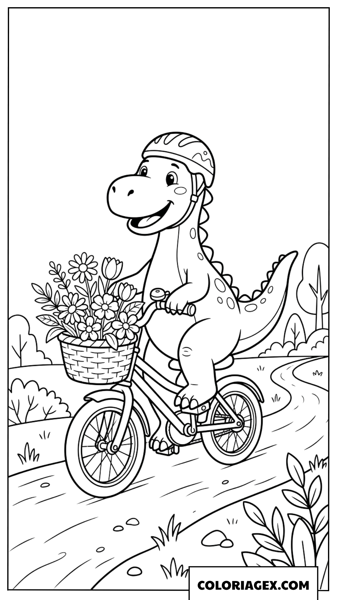 Coloriage de dinosaure avec un casque faisant du velo plein de fleurs