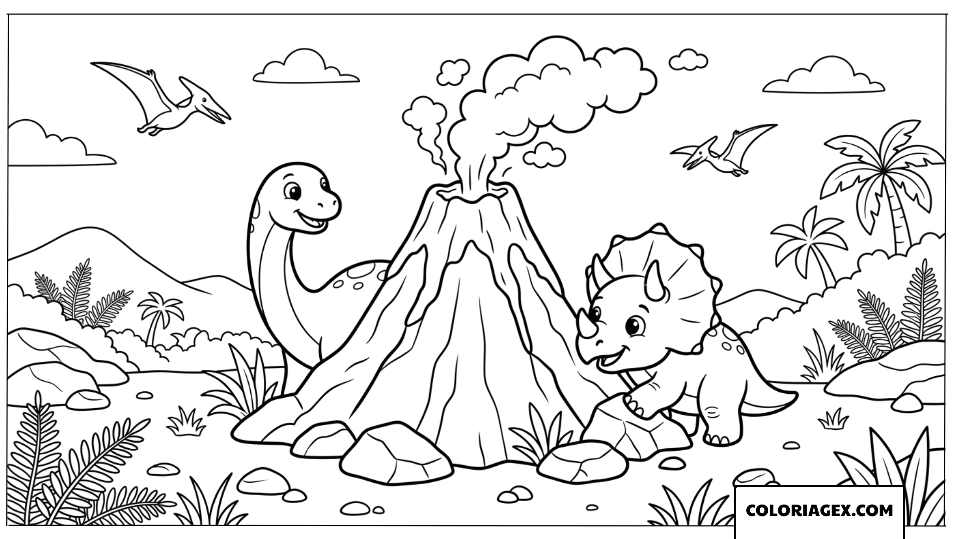 Coloriage de dinosaures mignons jouant autour du volcan geant