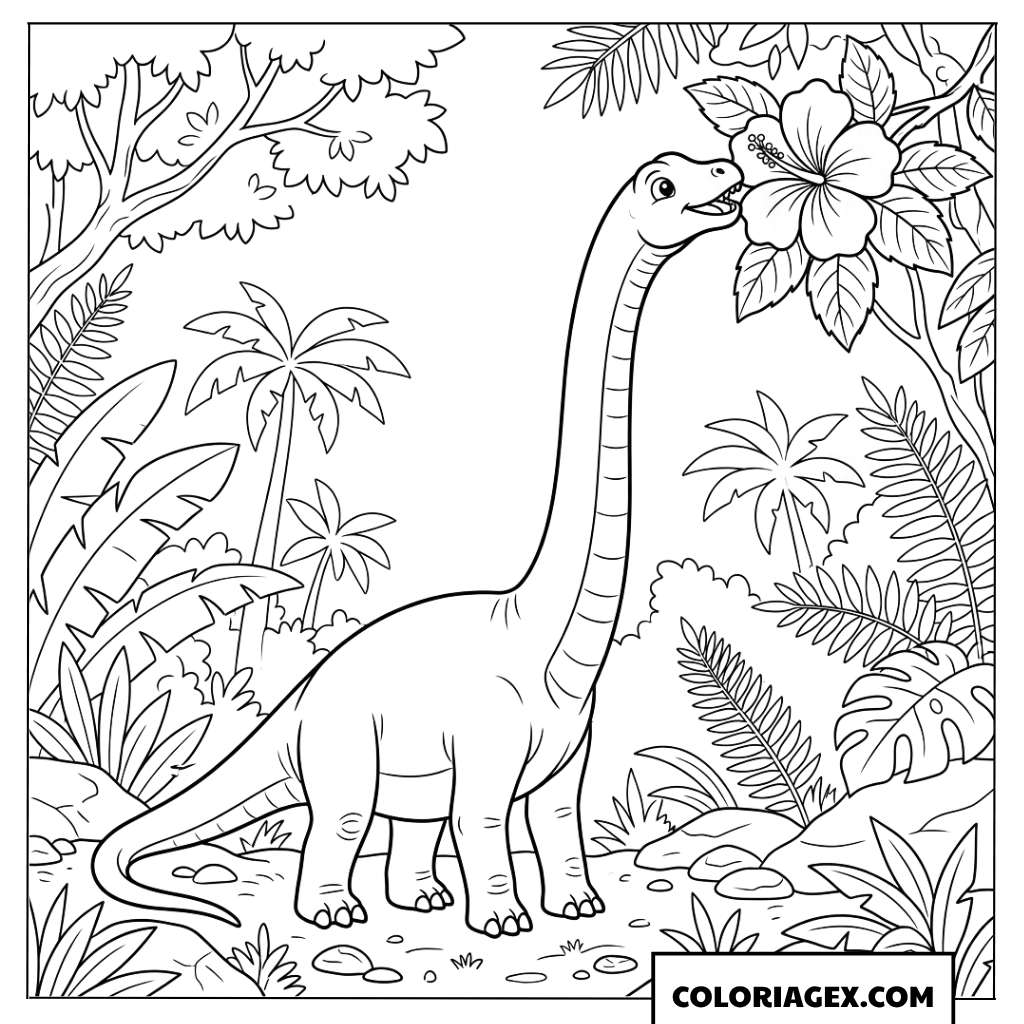 Coloriage de diplodocus mangeant une fleur dans la foret tropicale