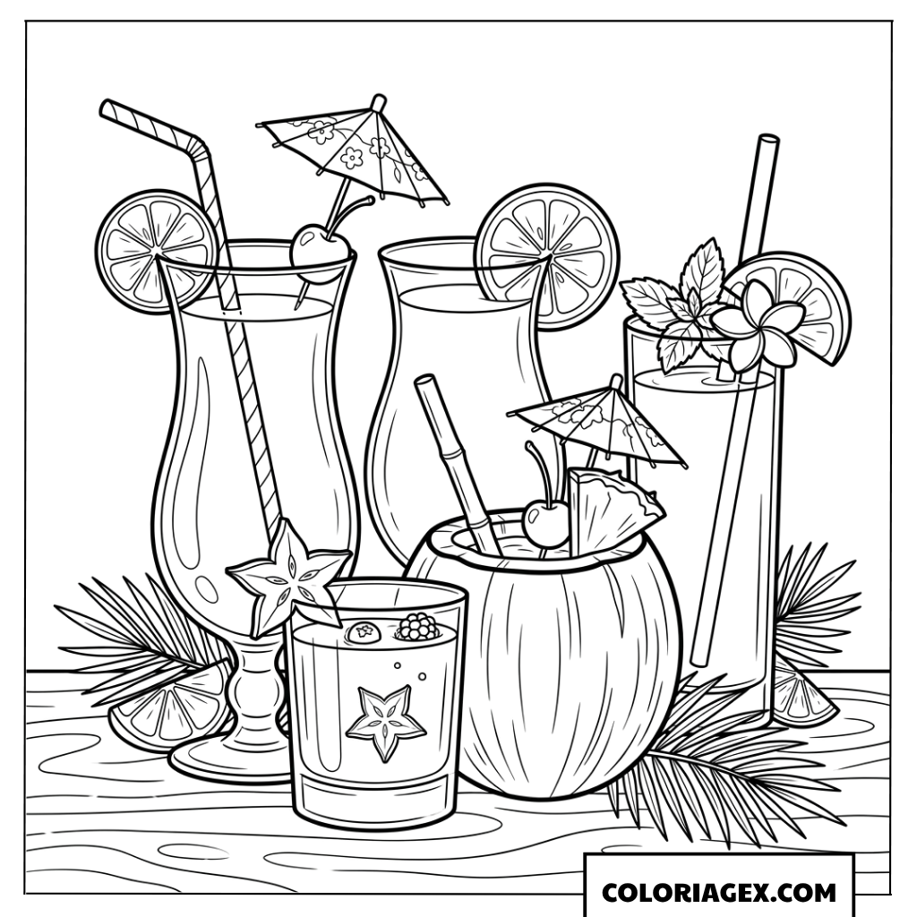 Coloriage de divers cocktails tropicaux décorés de fruits variés
