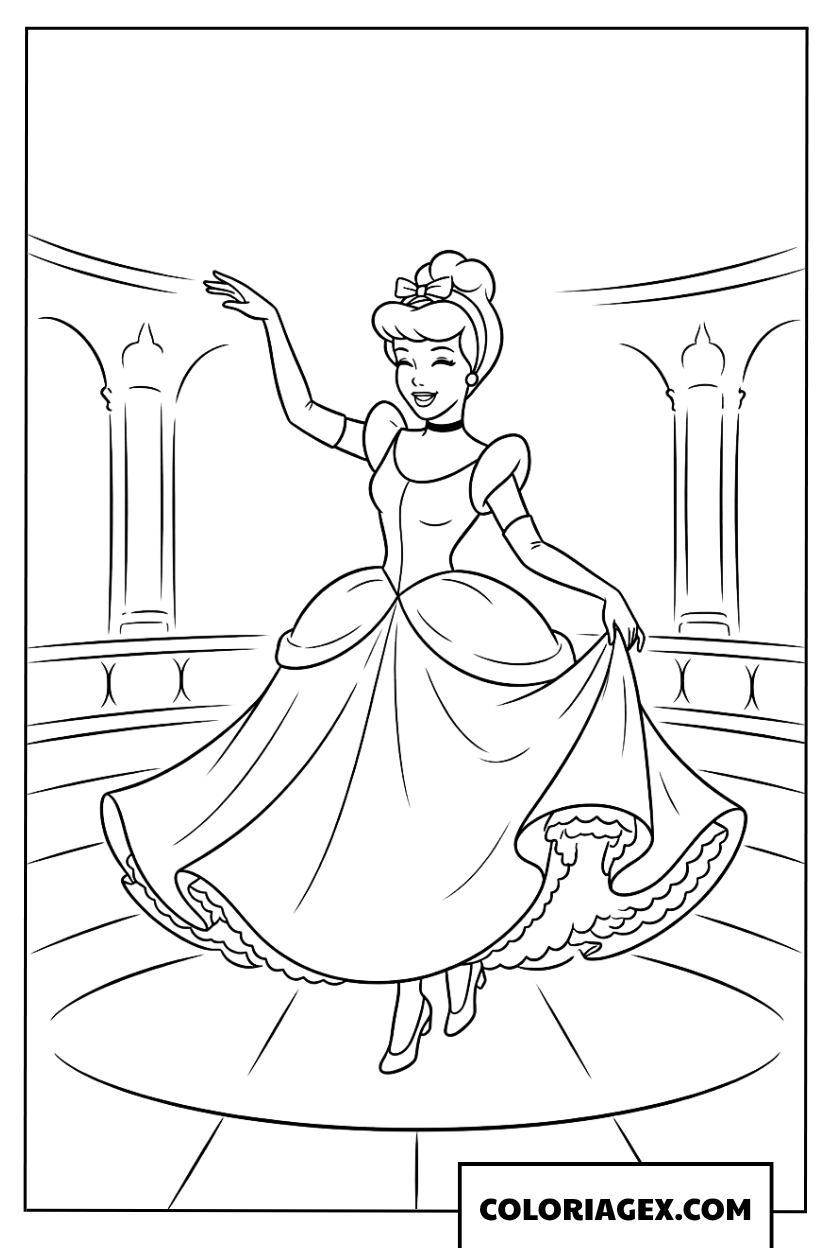Coloriage de la Princesse Cendrillon dansant dans la salle de bal