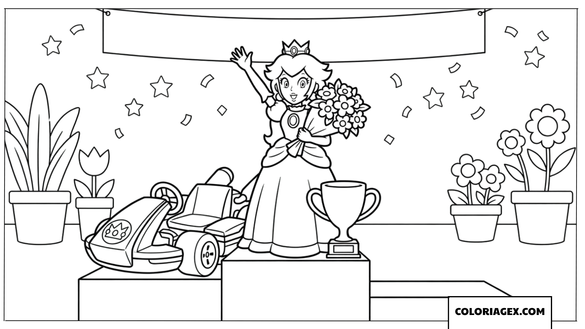 Coloriage de la Princesse Peach sur le podium de la victoire