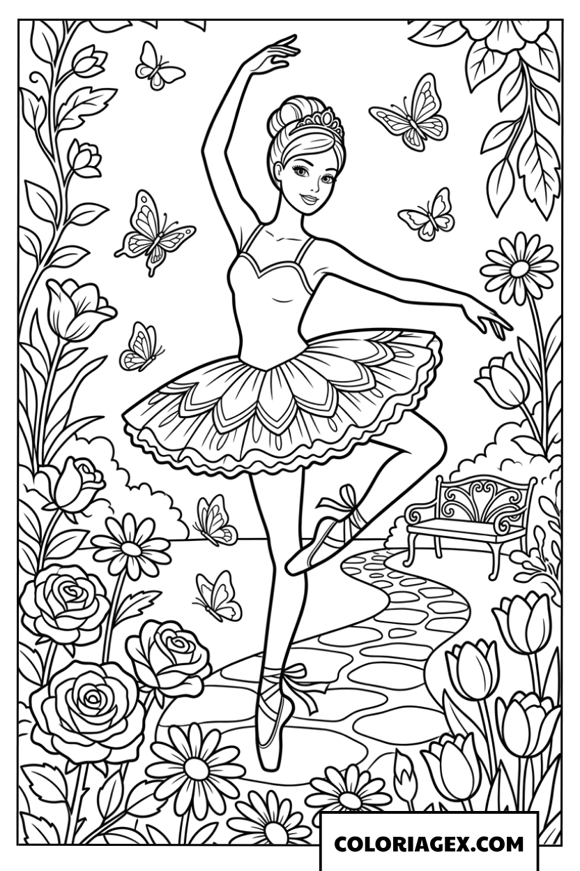 Coloriage de la ballerine Barbie dans un magnifique jardin fleuri