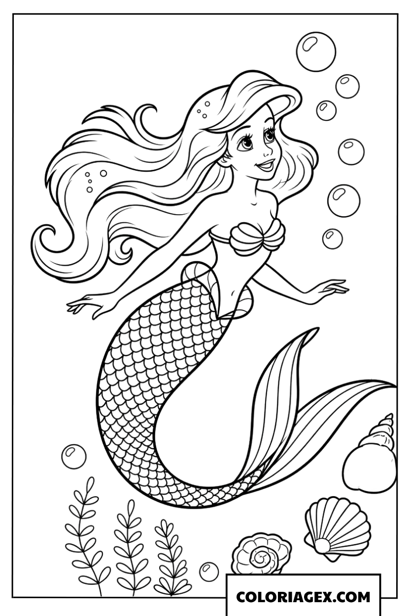 Coloriage de la charmante sirène Ariel sous l'océan