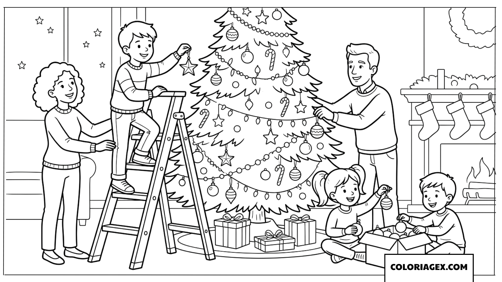 Coloriage de la famille décorant ensemble le sapin de Noël dans le salon