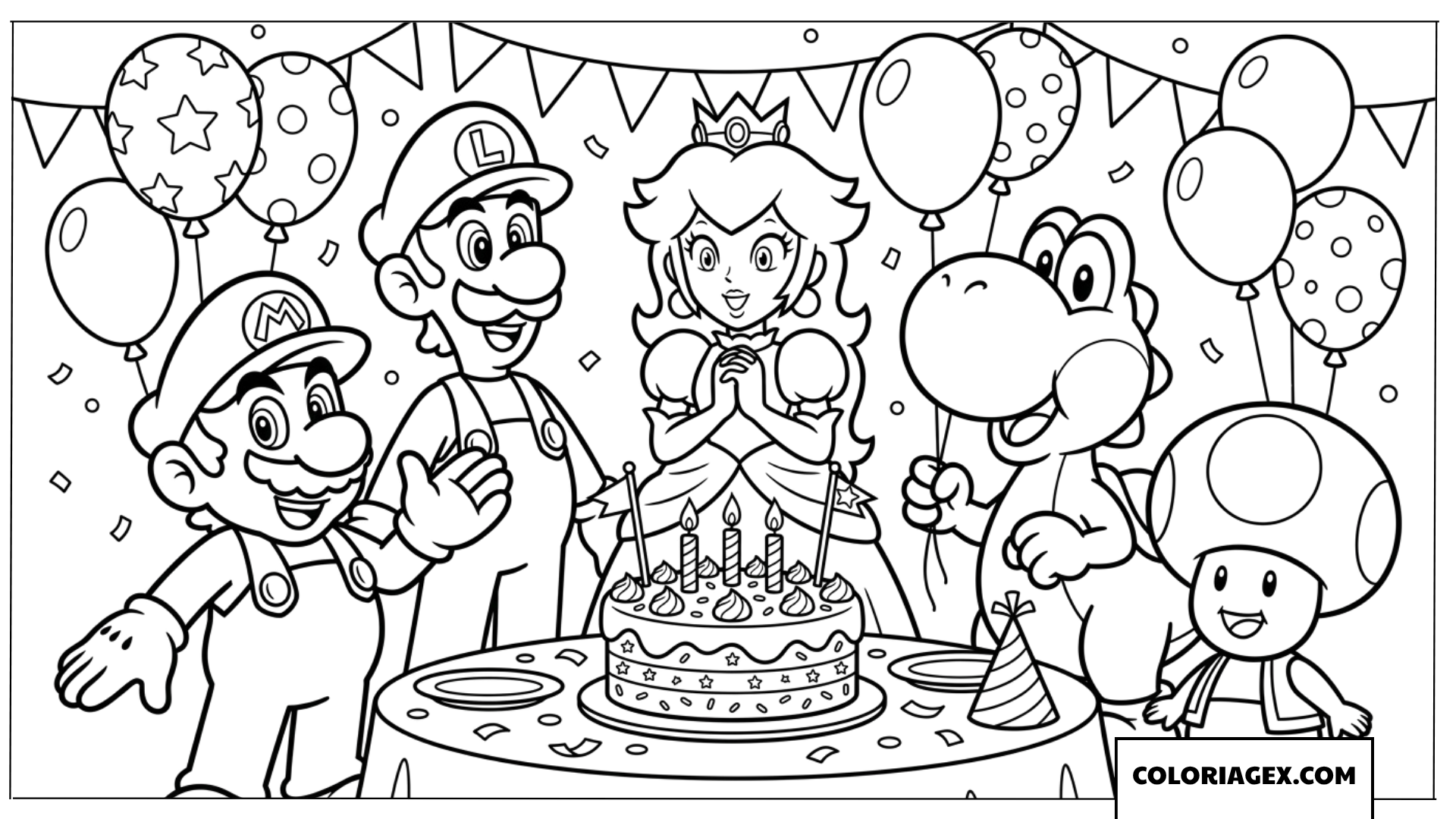 Coloriage de la fete d anniversaire de Mario Peach et leurs amis