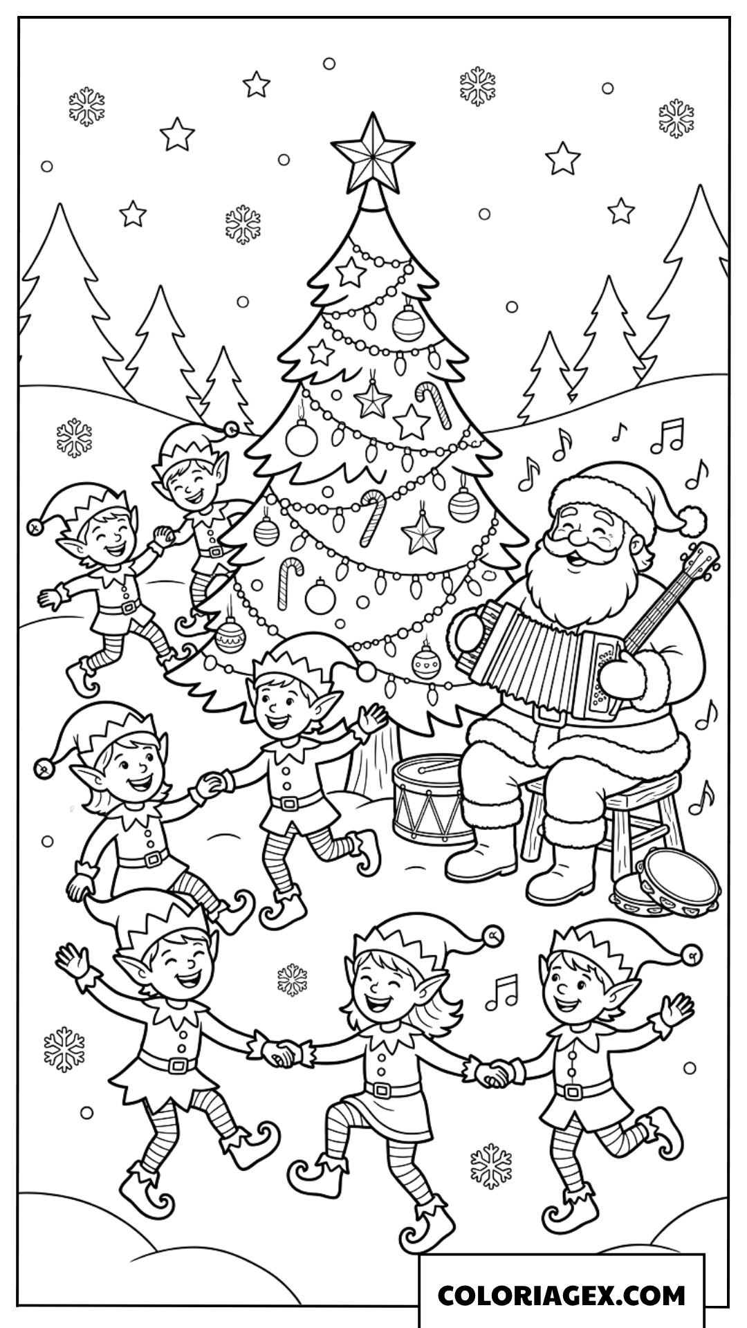 Coloriage de la fête de Noël amusante du Père Noël et des elfes