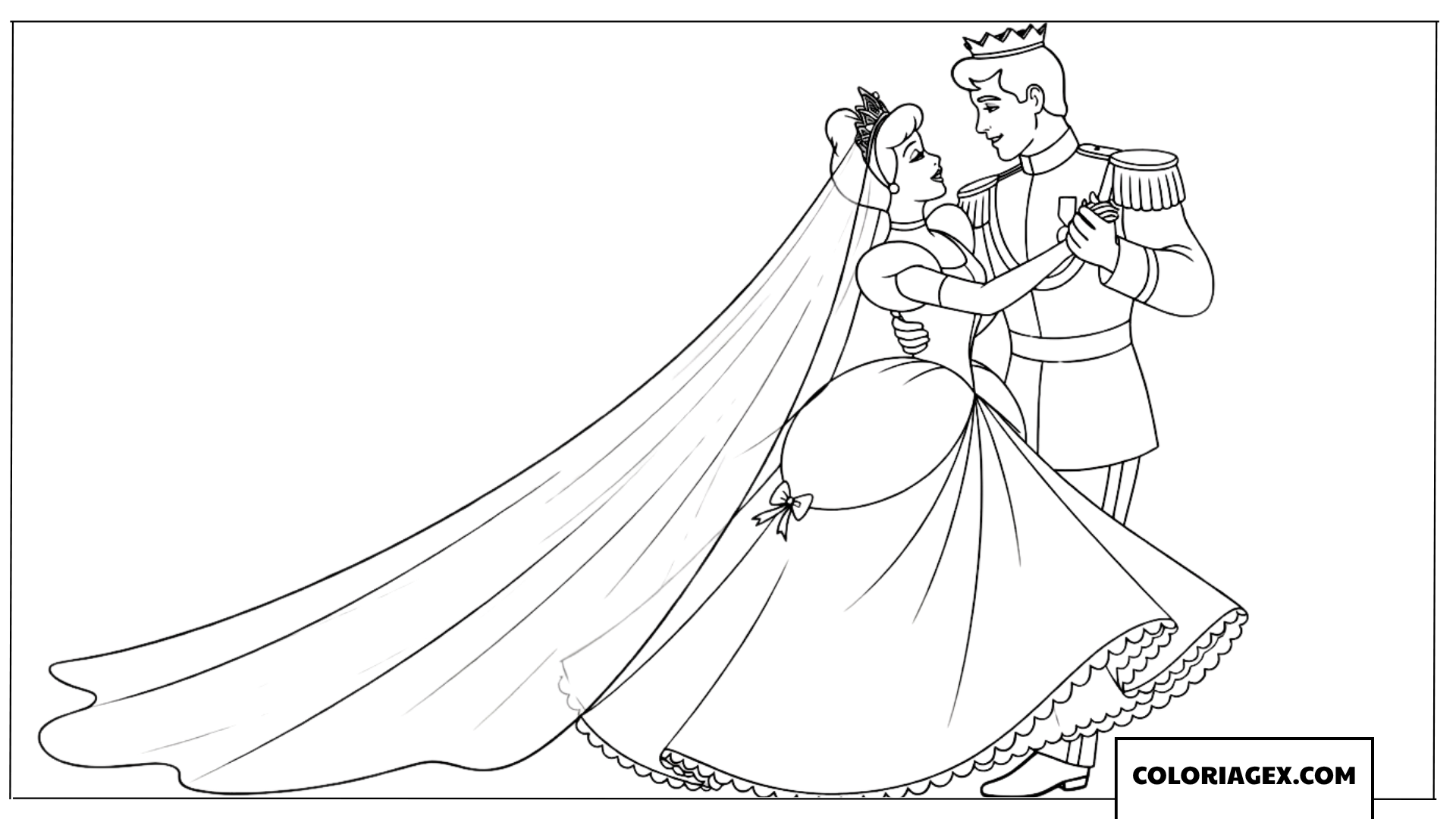 Coloriage de la première danse de Cendrillon et du Prince au bal de mariage