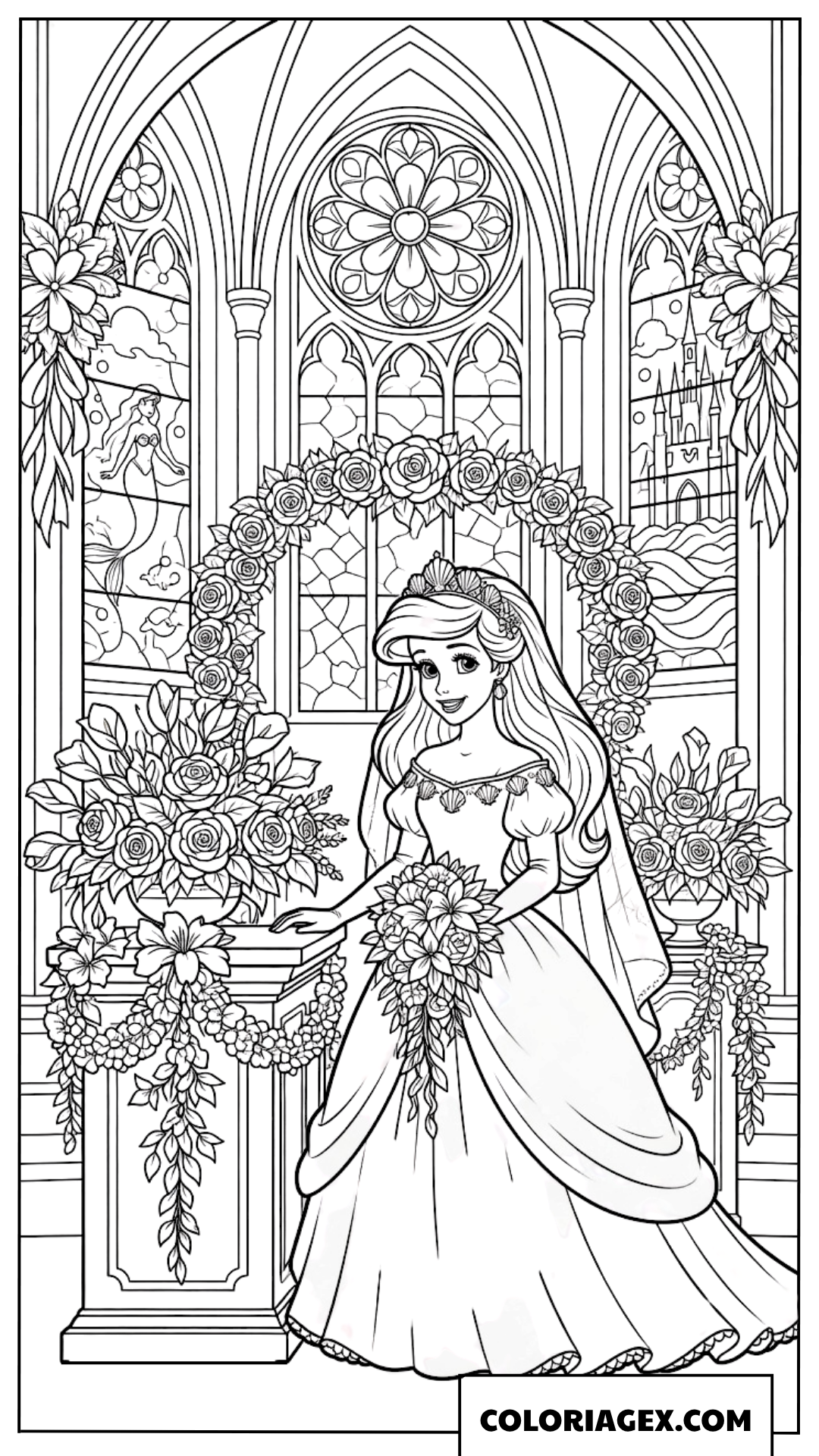 Coloriage de la princesse Ariel en robe de mariée royale