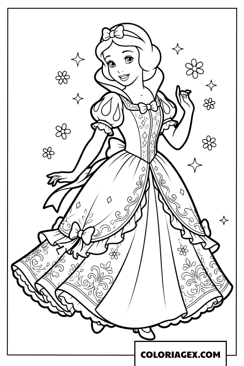 Coloriage de la princesse Blanche Neige en robe évasée classique