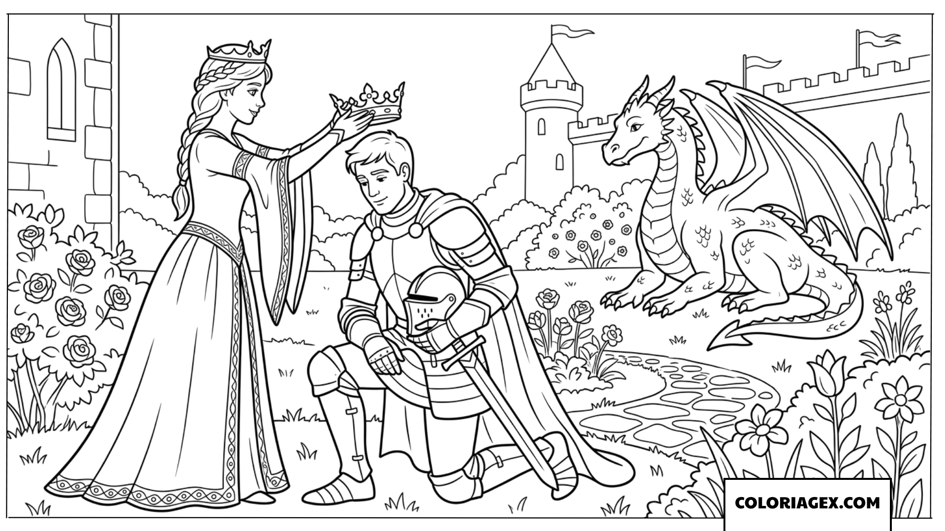 Coloriage de la princesse couronnant le chevalier devant le dragon