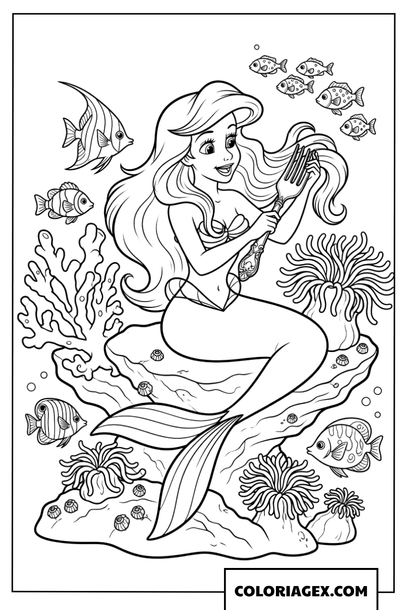 Coloriage de la sirène Ariel se coiffant avec une fourchette