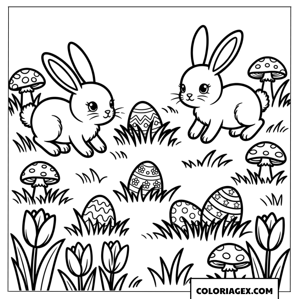 Coloriage de lapins cherchant des œufs dans le jardin