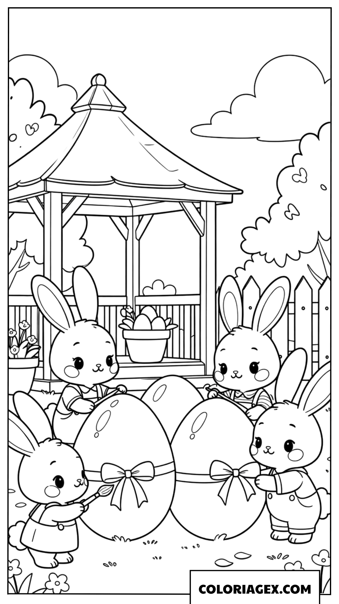 Coloriage de lapins décorant des œufs en famille