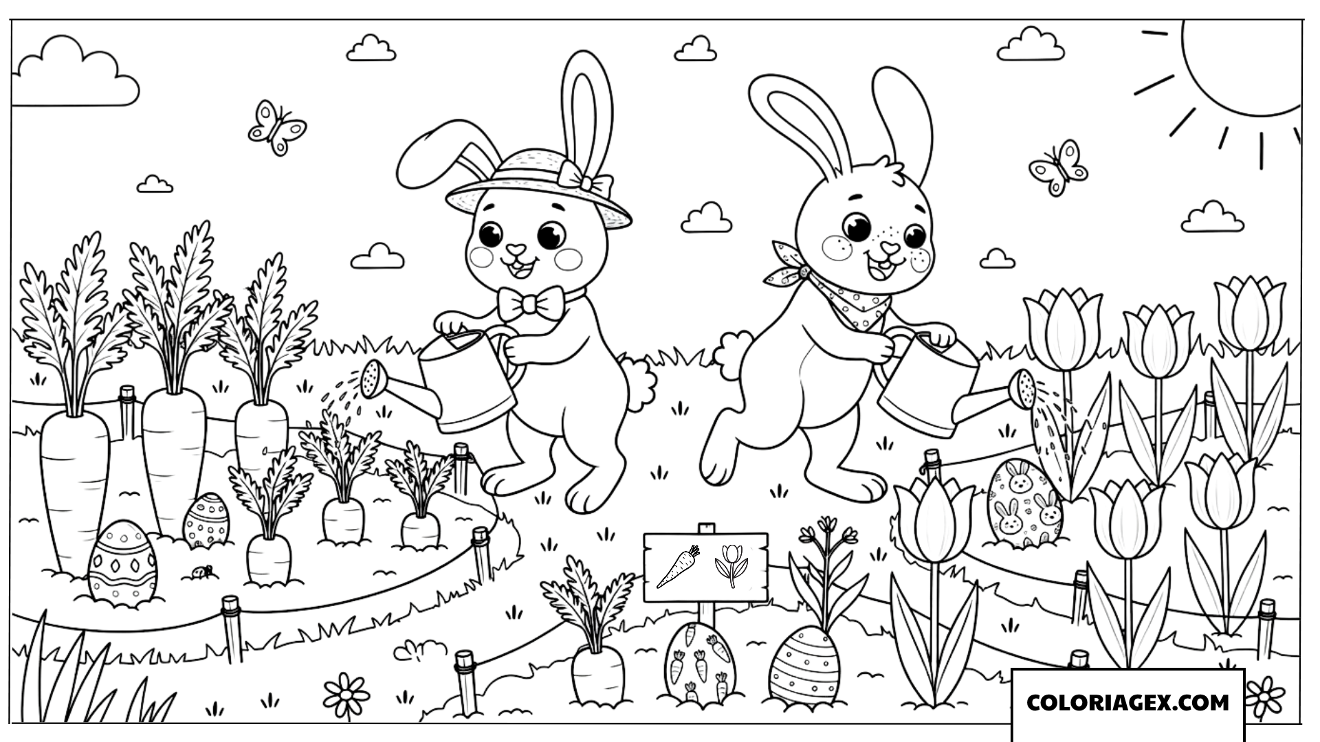 Coloriage de lapins jardinant et cultivant des carottes