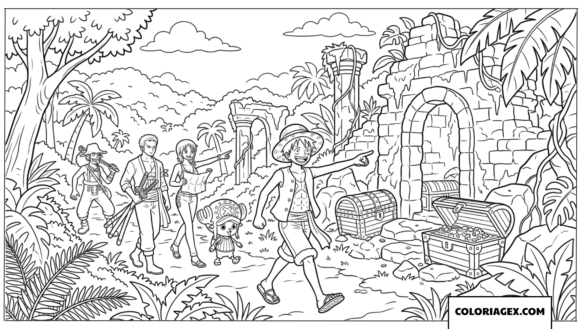 Coloriage de l'équipage de Luffy explorant des ruines antiques