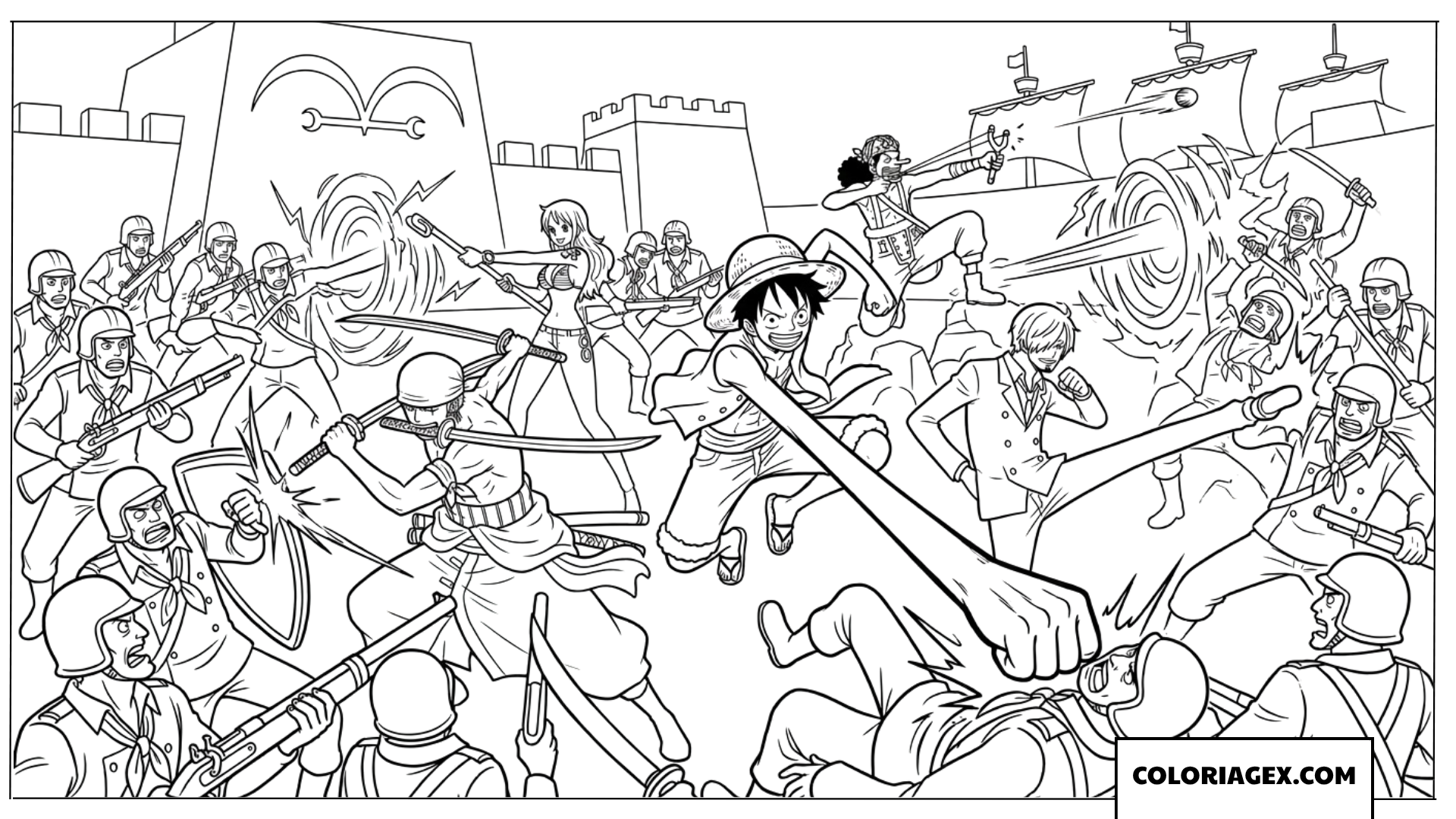 Coloriage de l'équipage du Chapeau de Paille combattant la Marine