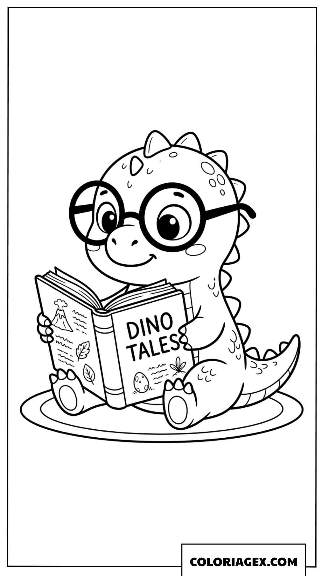 Coloriage de petit dinosaure intelligent qui lit un livre de contes