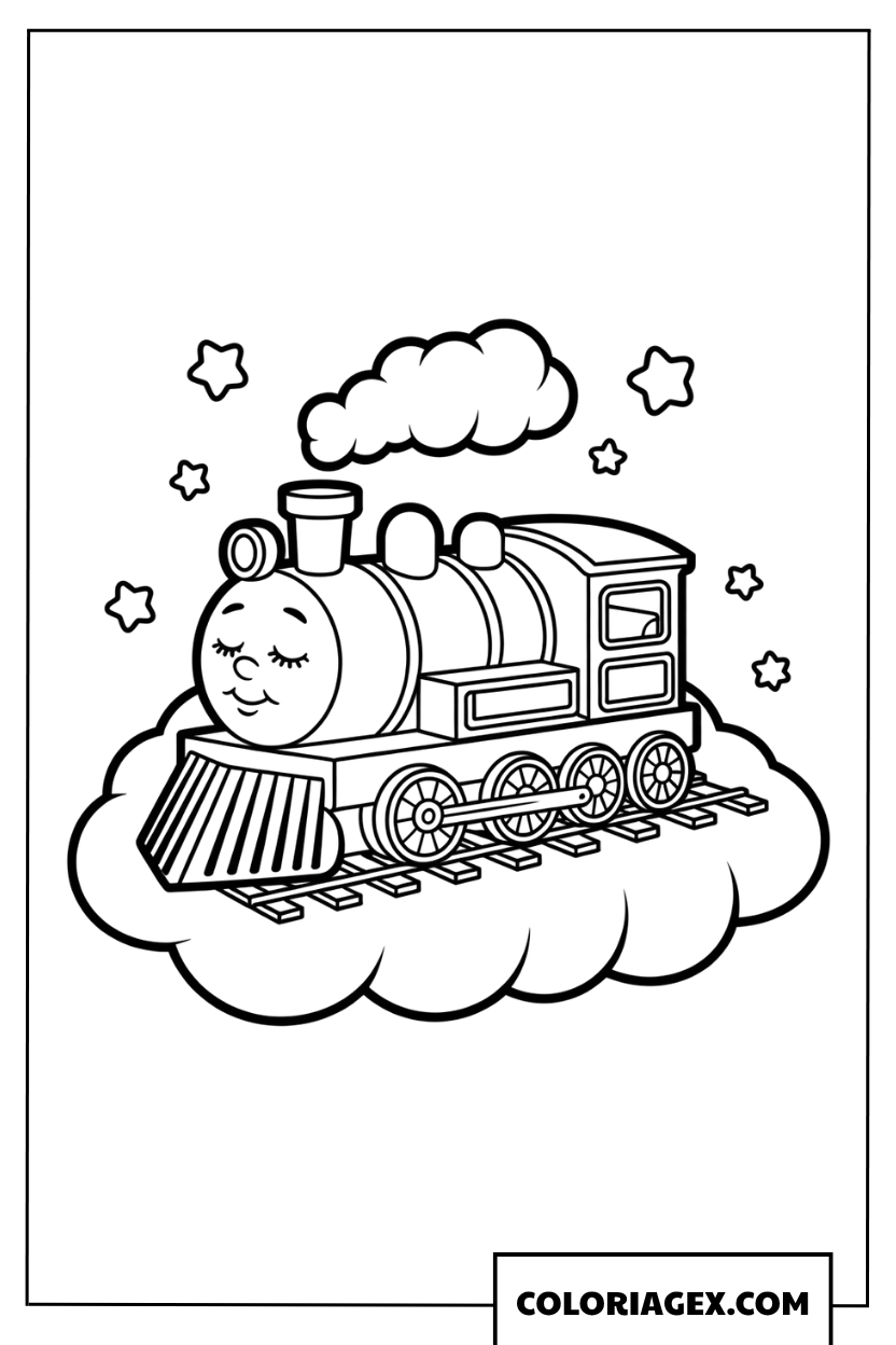 Coloriage de petit train endormi sur un nuage