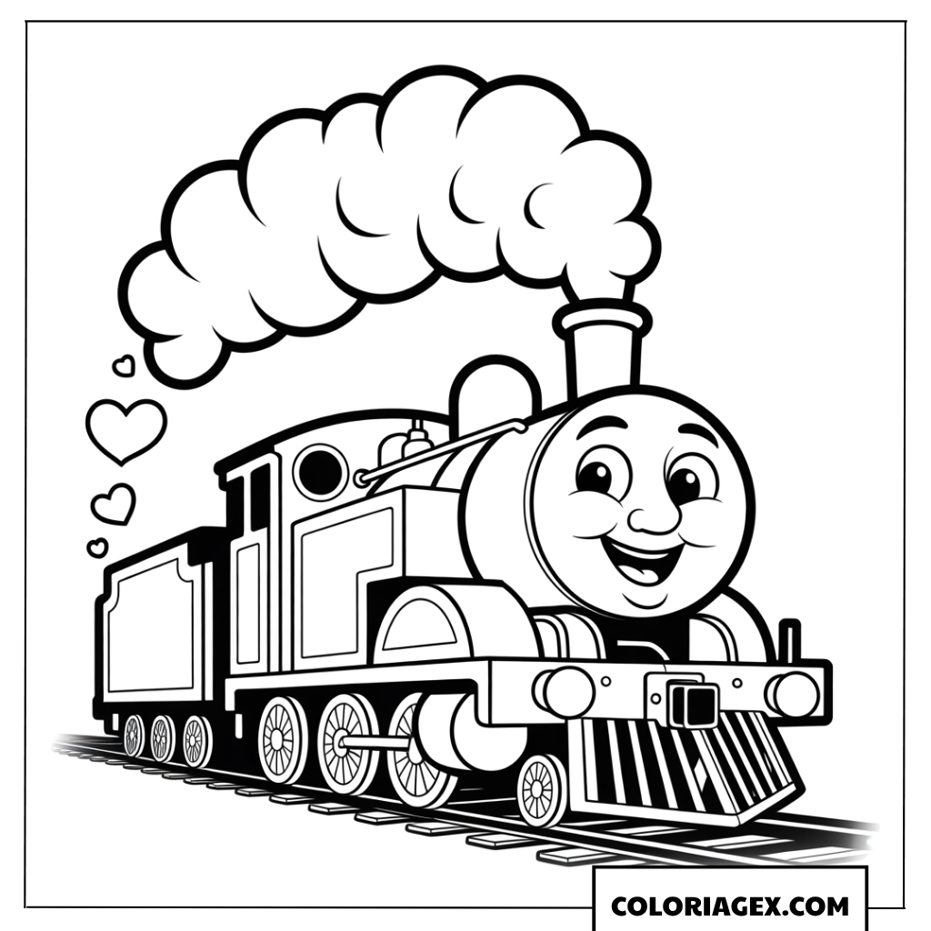 Coloriage de petit train joyeux avec fumée en cœurs