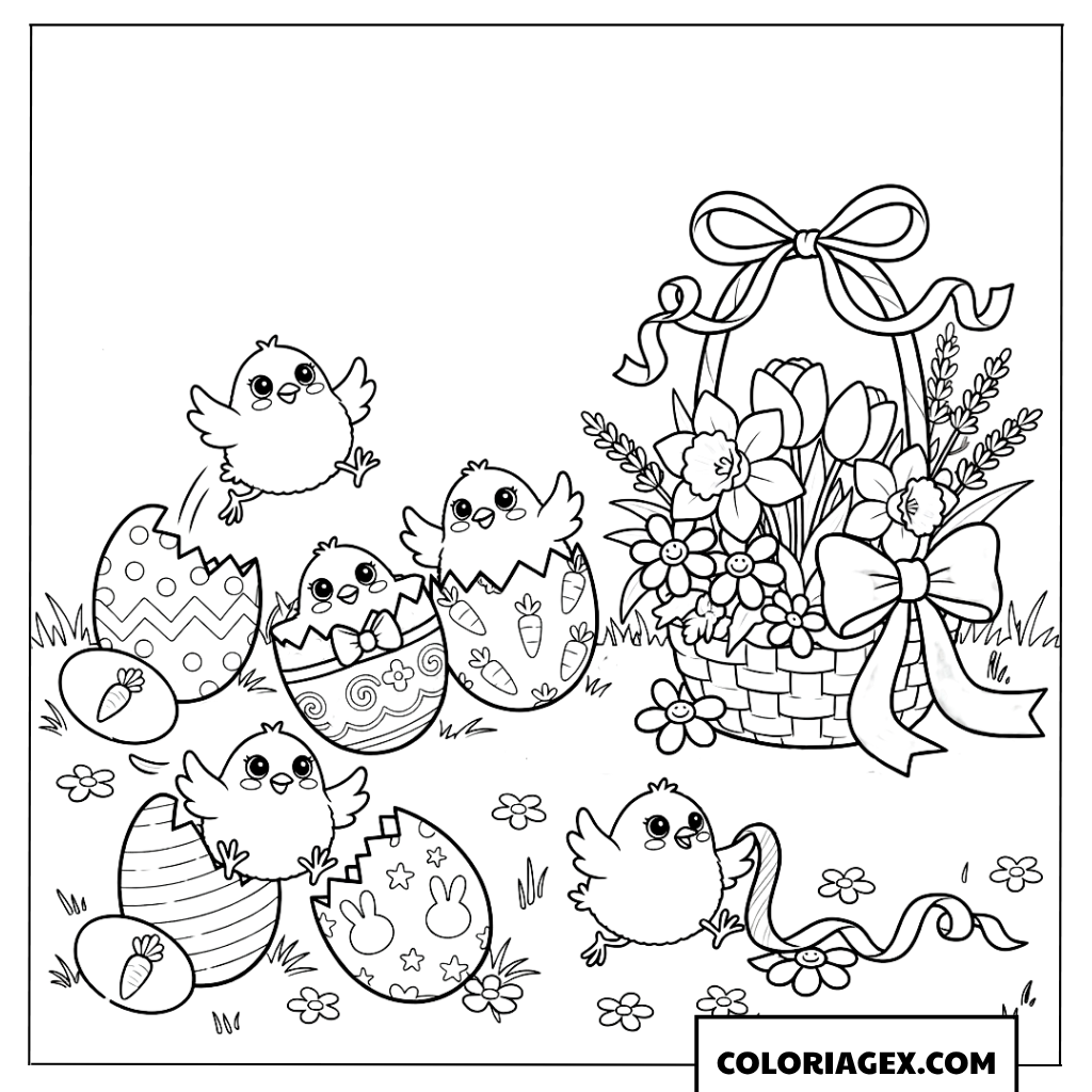 Coloriage de poussins et d’un panier de fleurs de Pâques