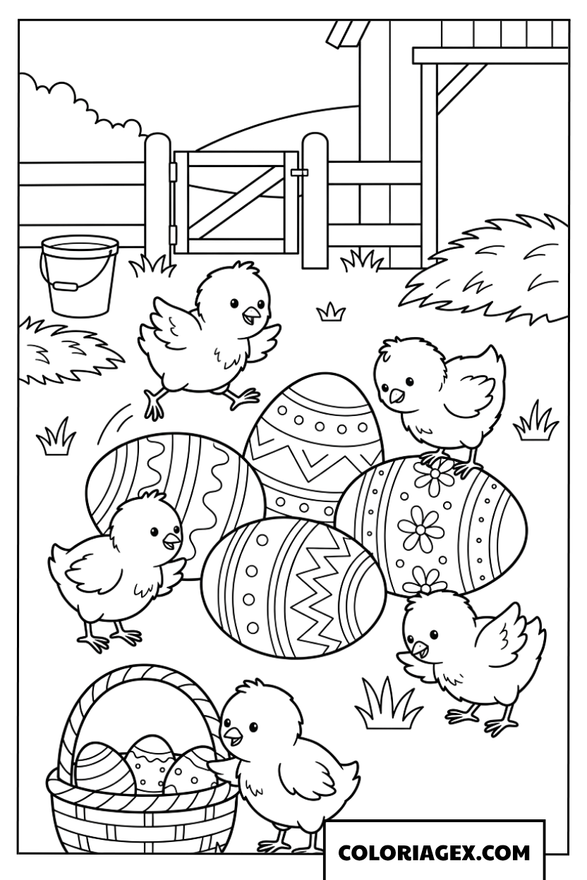 Coloriage de poussins jouant avec des œufs de Pâques