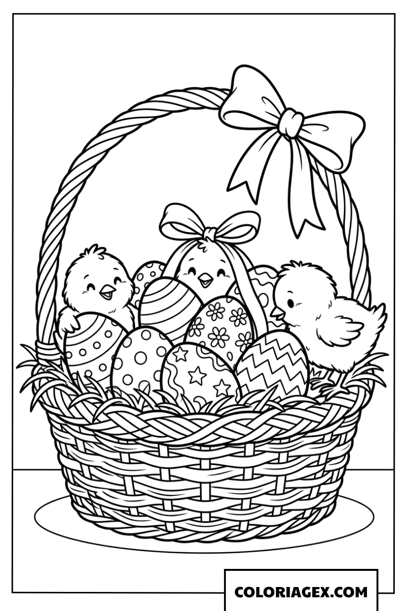 Coloriage de poussins mignons dans un panier d'œufs de Pâques