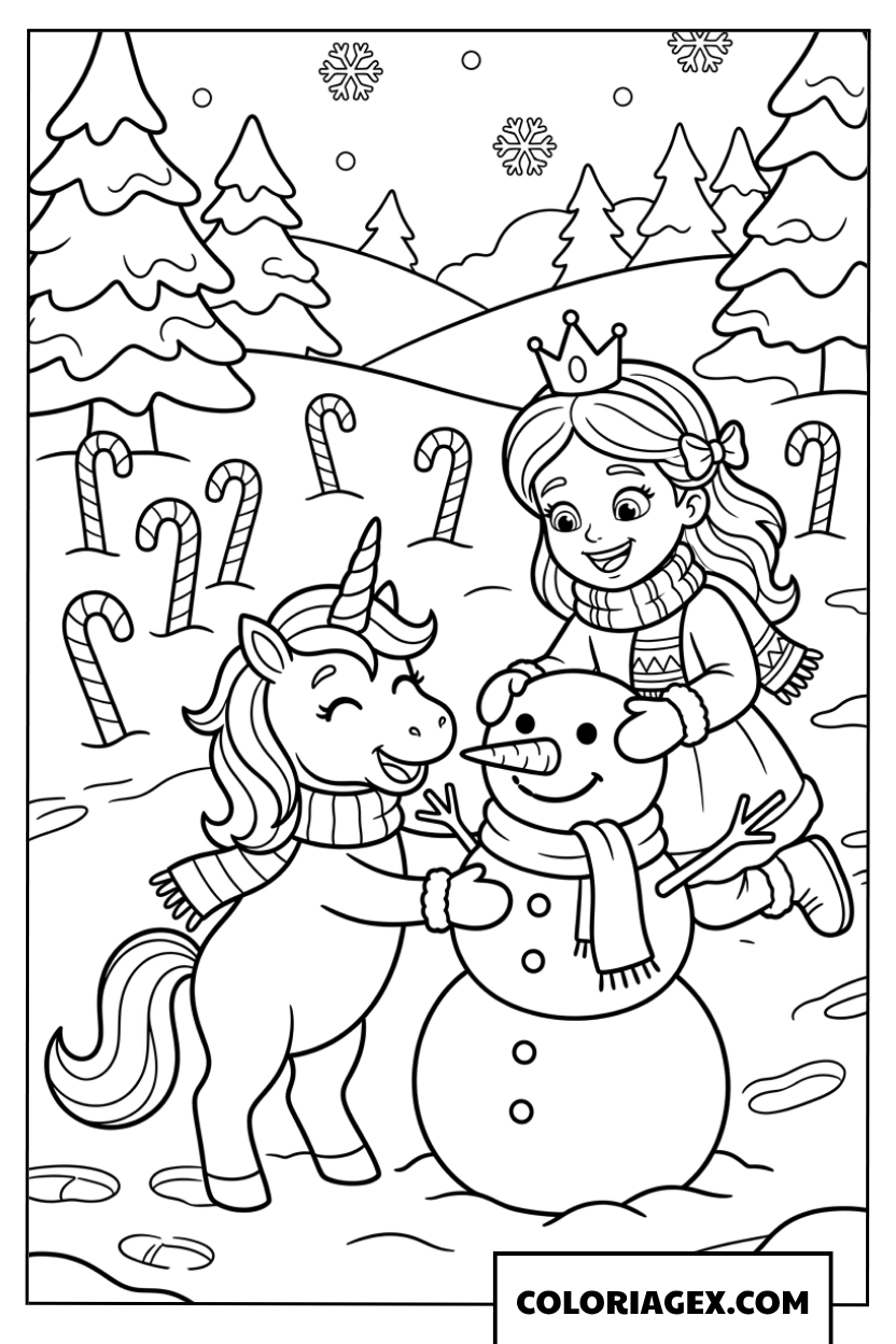 Coloriage de princesse et petite licorne construisant un bonhomme de neige