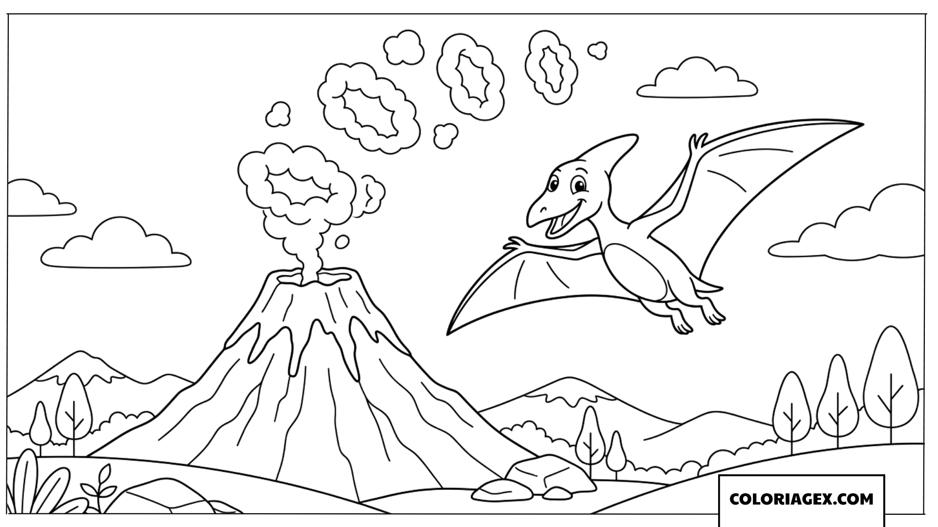 Coloriage de pterodactyle rigolo volant pres dun volcan en fumee