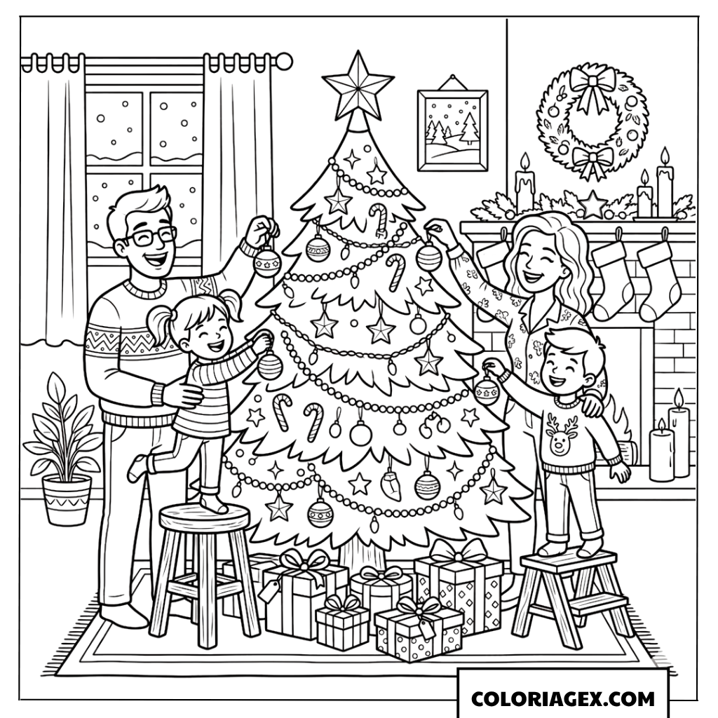 Coloriage de toute la famille décorant le sapin de Noël