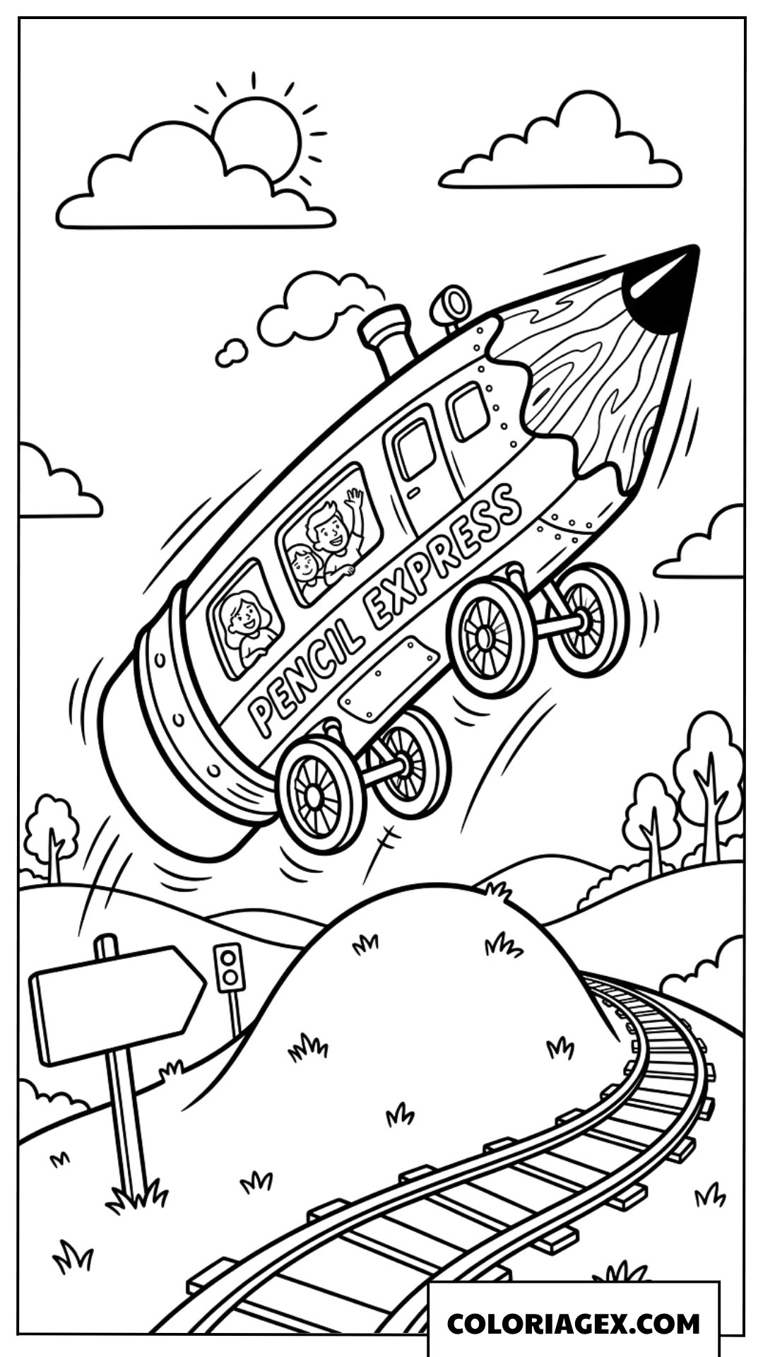 Coloriage de train à grande vitesse en forme de crayon