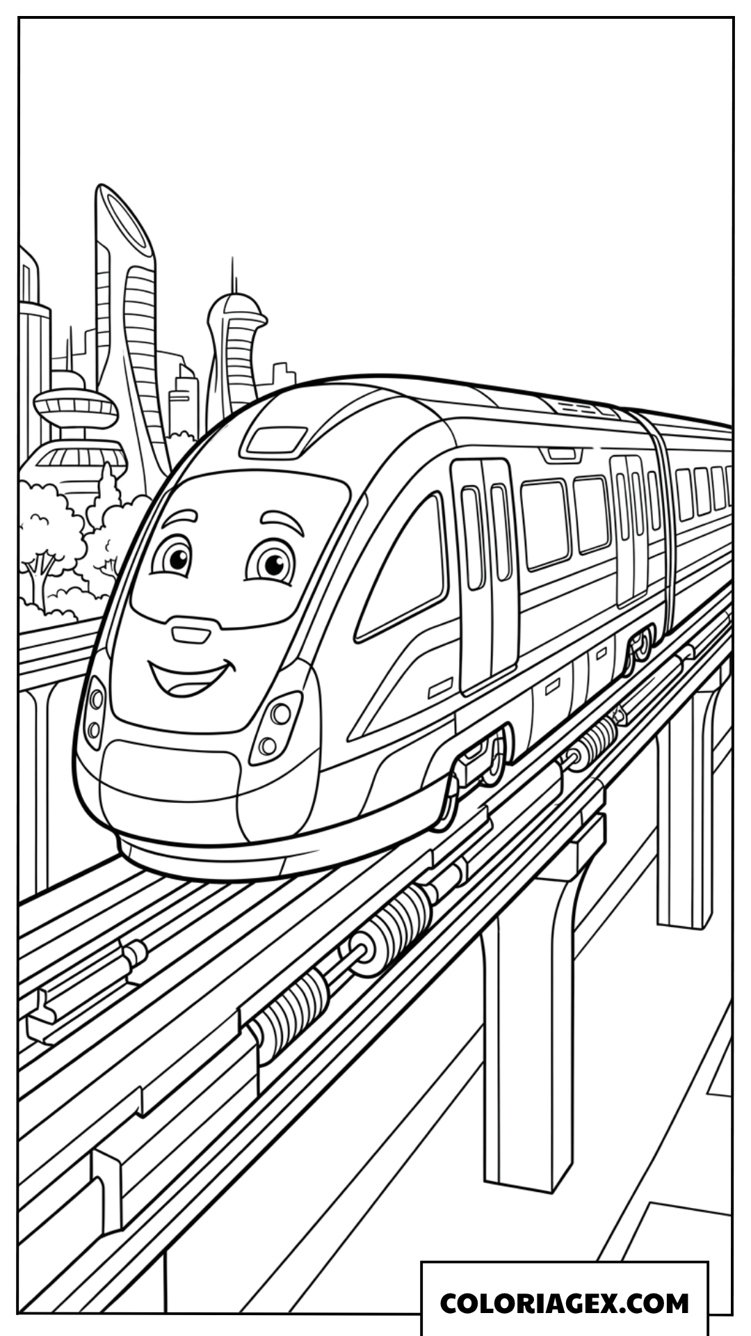 Coloriage de train à grande vitesse moderne en ville