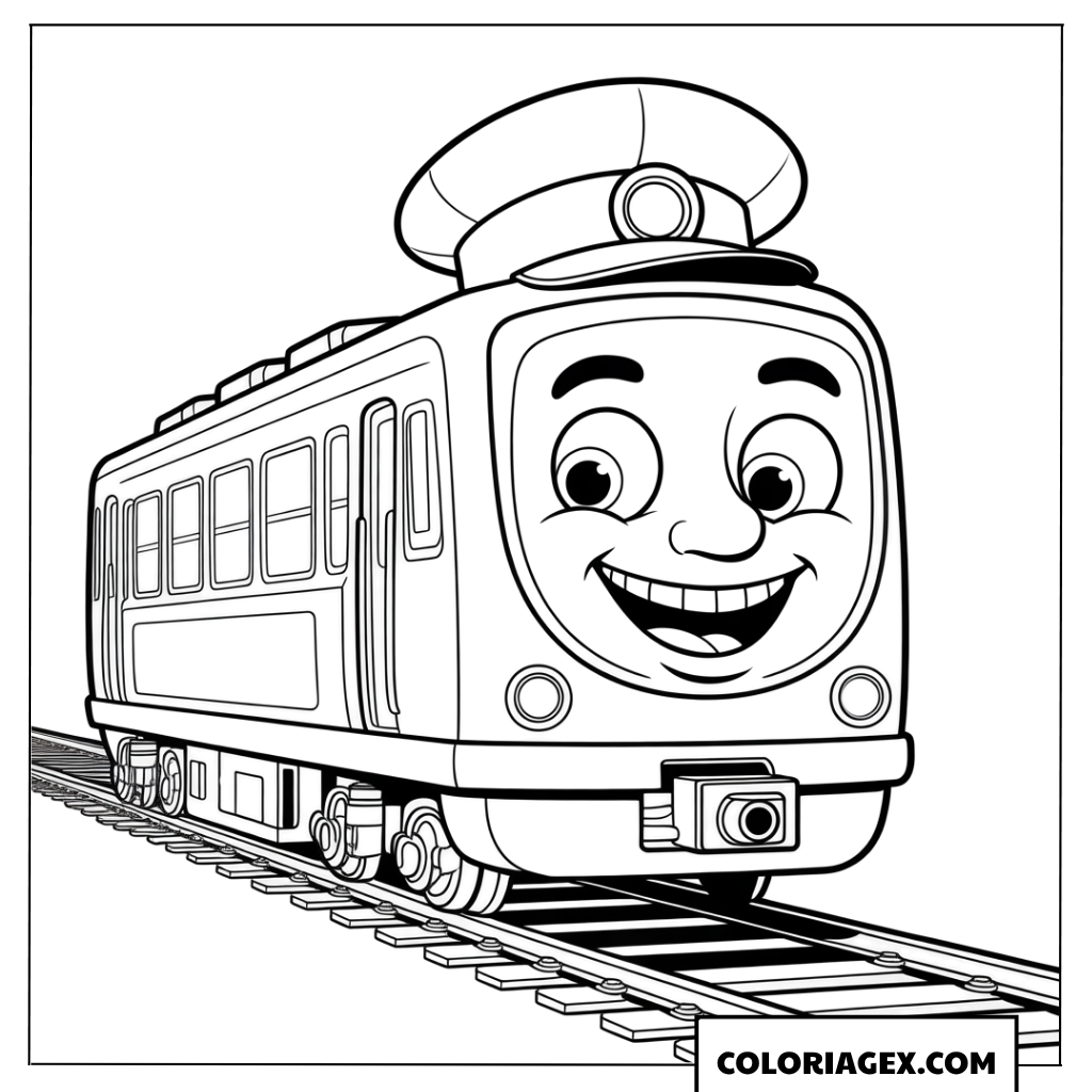 Coloriage de train anthropomorphe avec casquette
