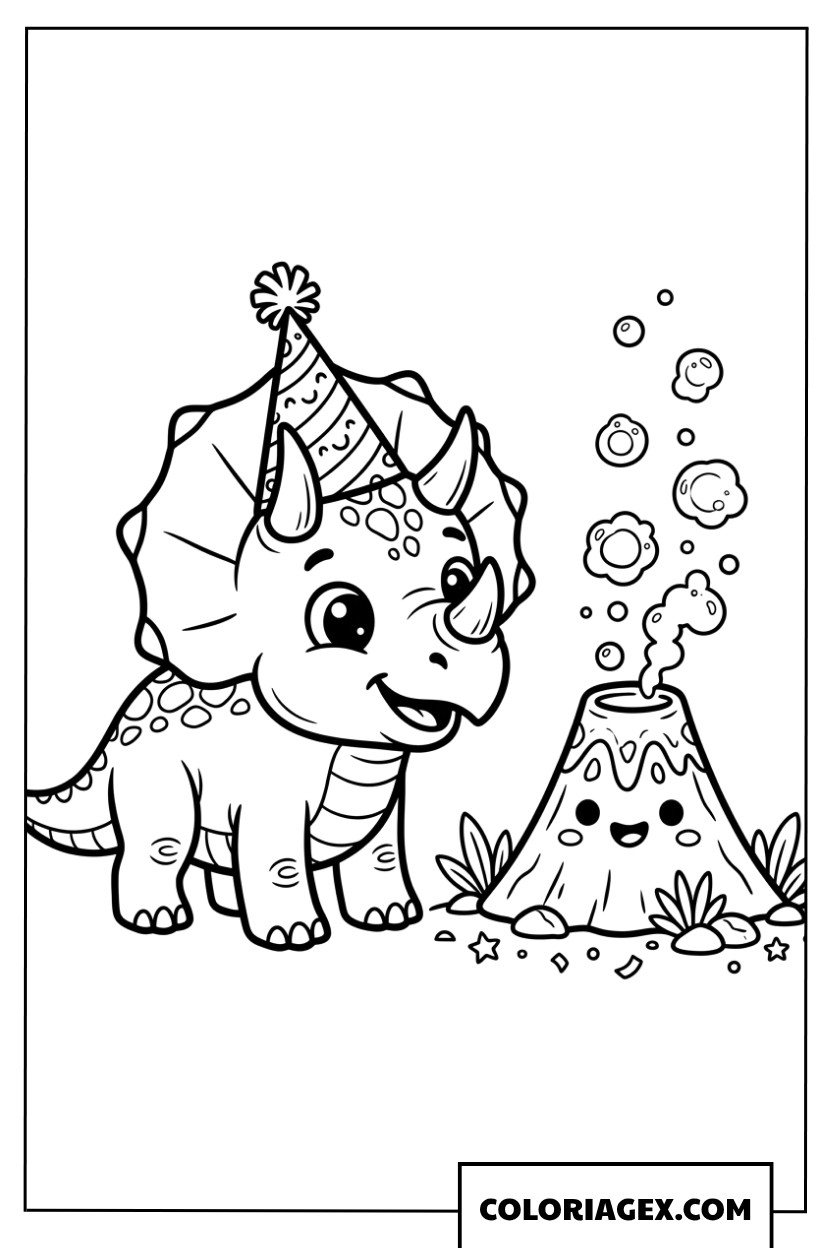 Coloriage de triceratops mignon avec un petit volcan rigolo