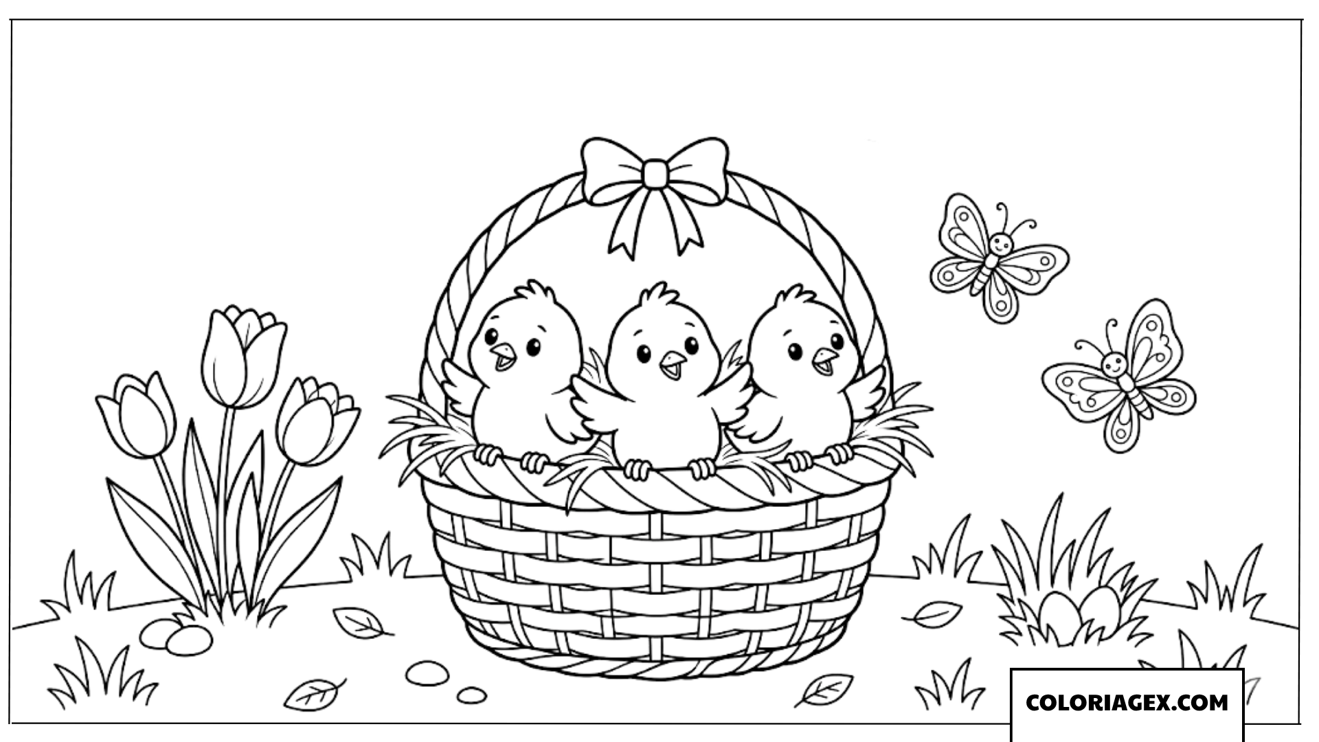 Coloriage de trois poussins dans un nid en osier